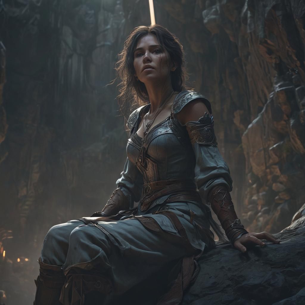 Dark Fantasy Woman with Sword at Deep Chasm