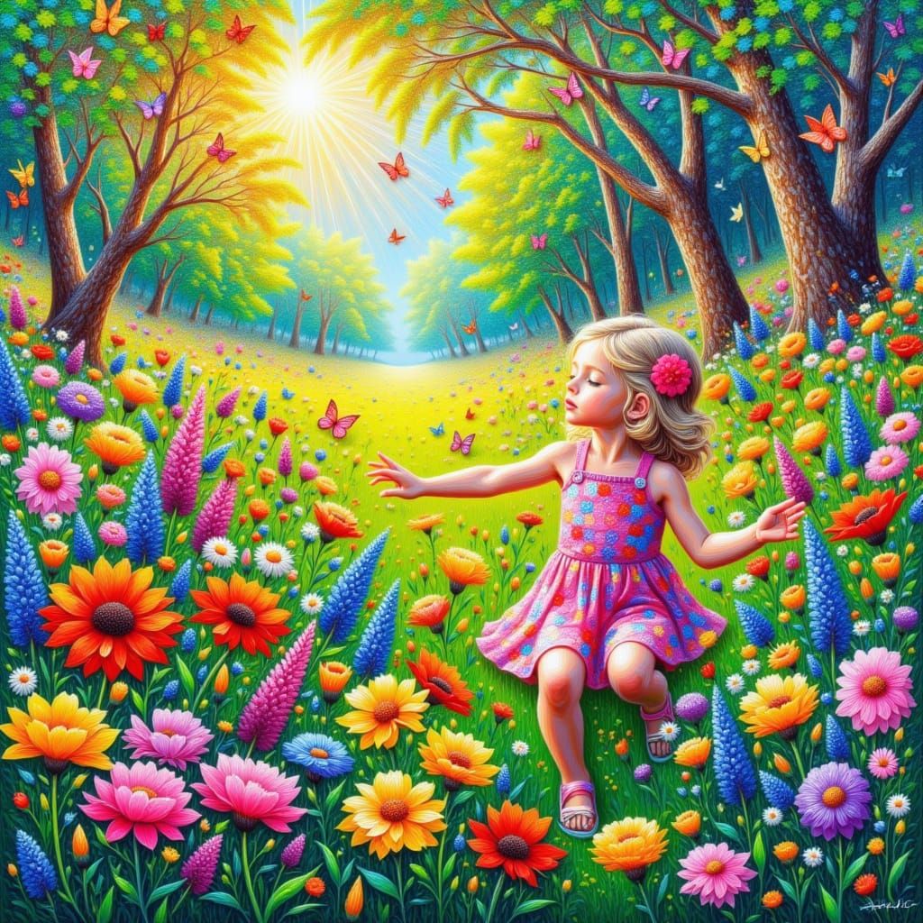 <lora:kak-colorful Impasto:1.0>A thick, deep Impasto painting of a gorgeous Spring scene with a little girl among flowers, butterflies trees...