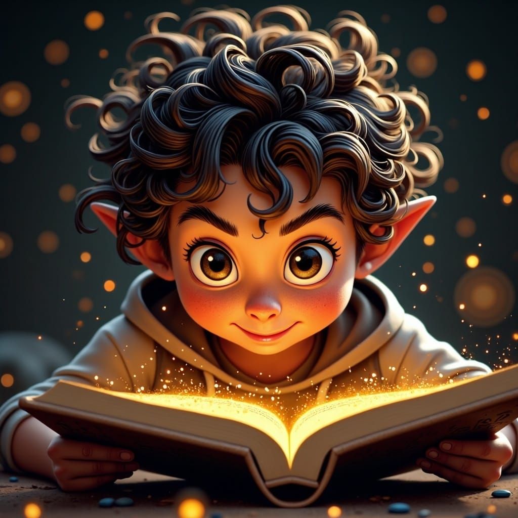 <lora:Munchkin-ish Fl:1.0> A close-up of a kid with wild, unkempt hair and a look of pure determination, gripping a magical book as sparks s...