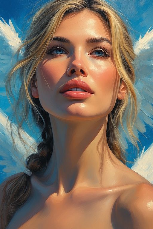 AMY WINEHOUSE AS AN ANGEL IN A HEAVENLY LANDSCAPE.