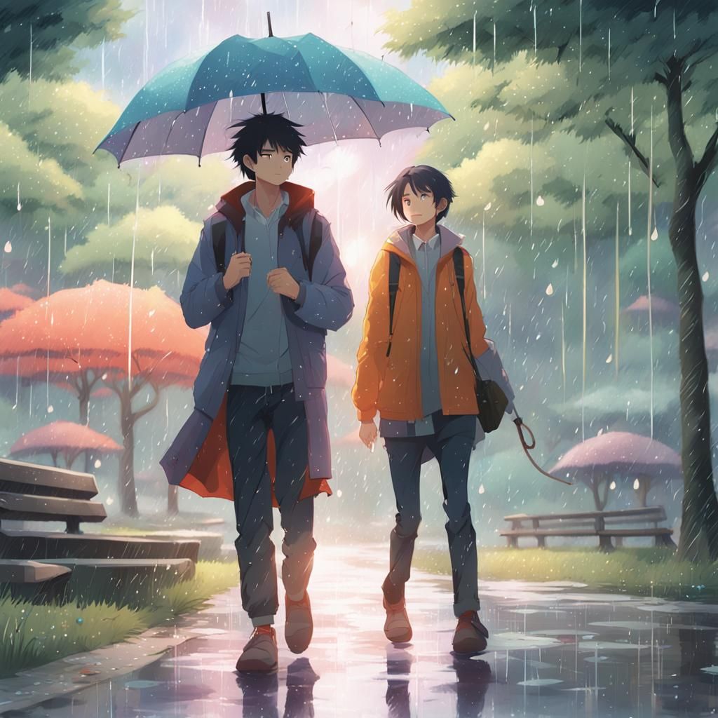 in the morning in rainy weather, a woman and a man walk toge...