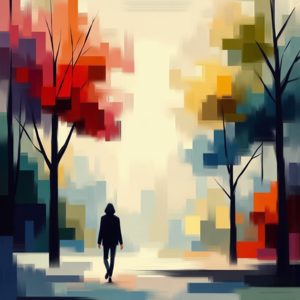 <lora:MidnightOil:1.0> Modernist artwork. Half shot. A walk through the park. Simple dynamic brush strokes reminiscent of modernist works....