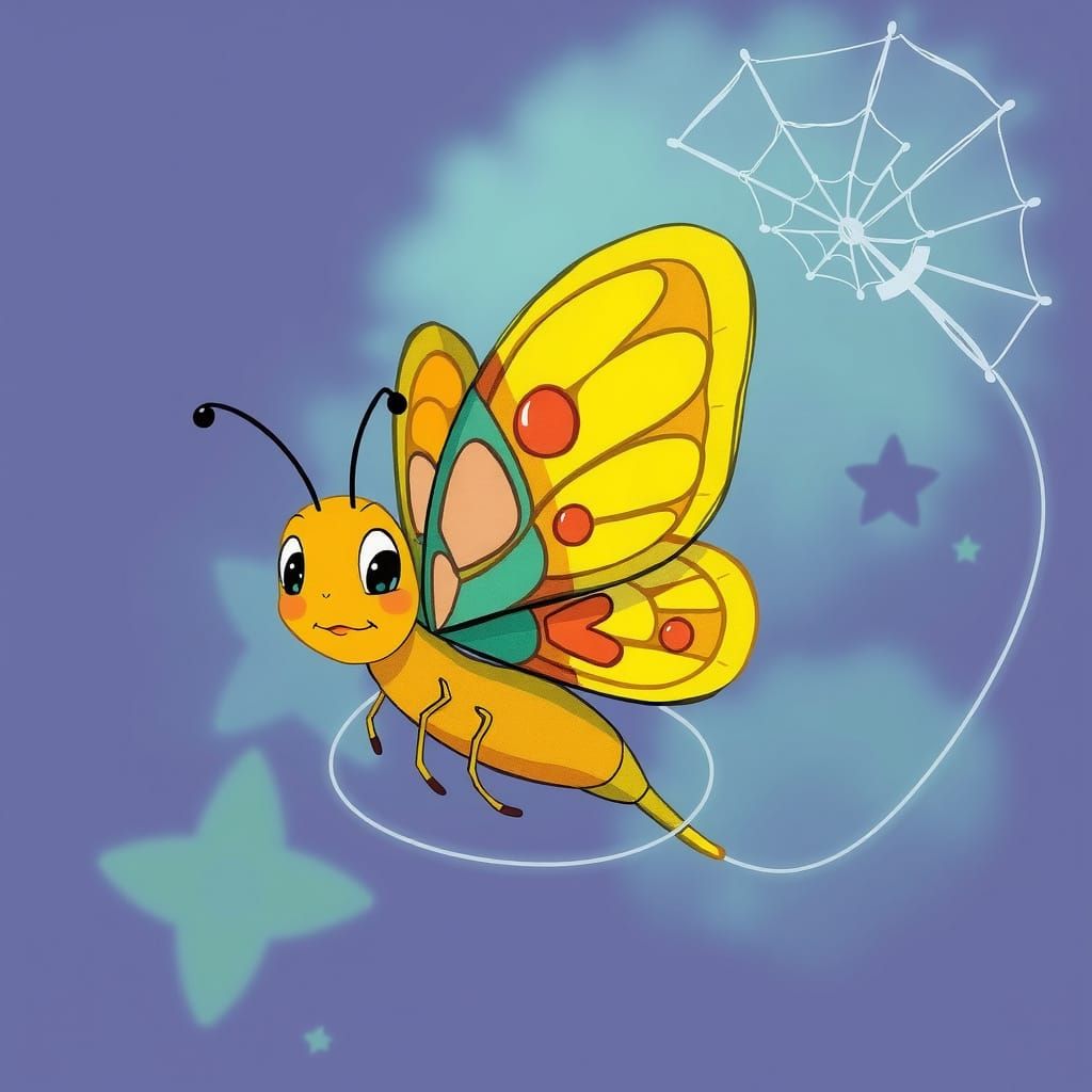 Cartoon Butterfly Escapes Net in Ghibli-Disney Style
