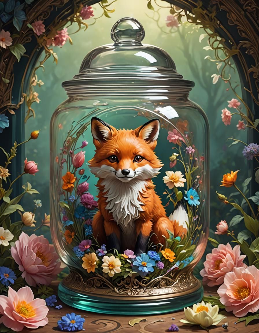 Cute fluffy fox and Flowers inside a jar - AI Generated Artwork ...