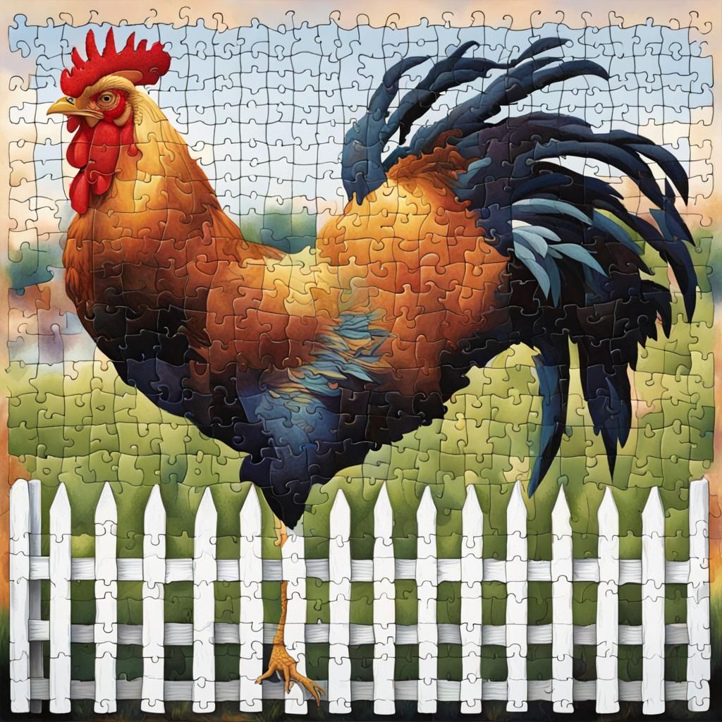 A puzzle of a big rooster on a white picket fence. AI Generated