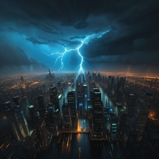 Vibrant Oil Painting of a City Under a Lightning Storm