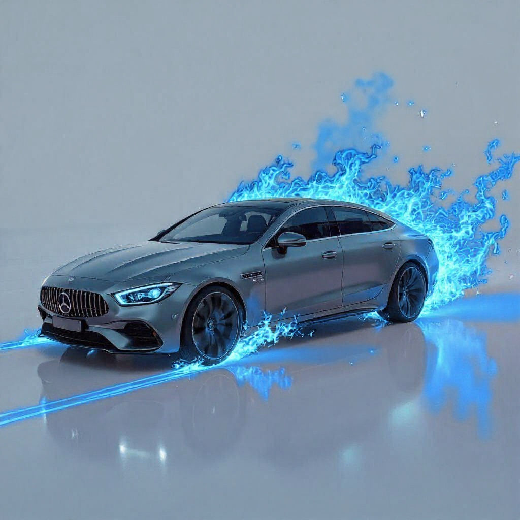 A photo realistic picture of grey modern car without logo. The car is completely engulfed in blue flames that seem to come out behind of it ...