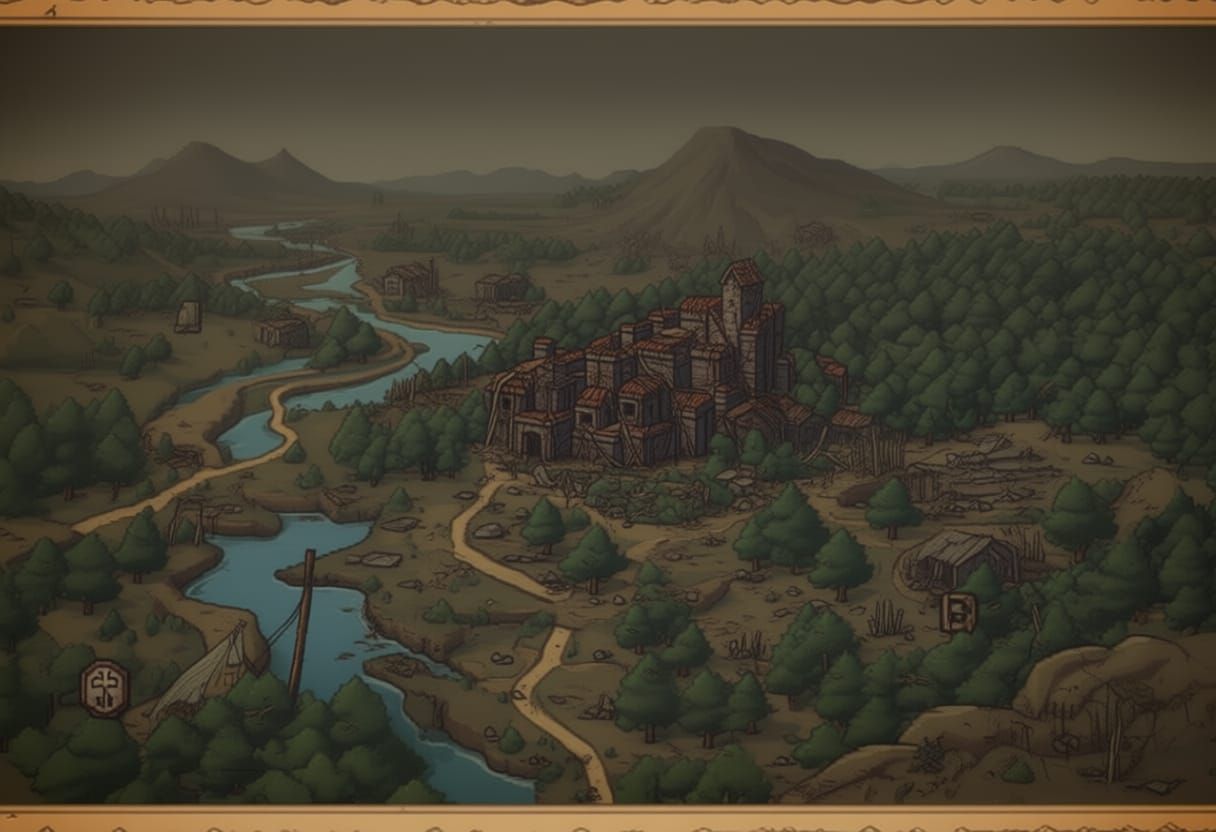 2D top-down world map, pixel art. Three locations: medieval city, dense forest next to it, mountain dungeon nearby. Paths connecting them, r...