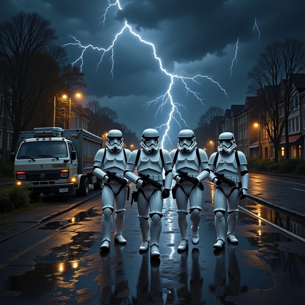  <lora:Raio Flux:1.0> Stormtroopers walking down a street on a dark and stormy night