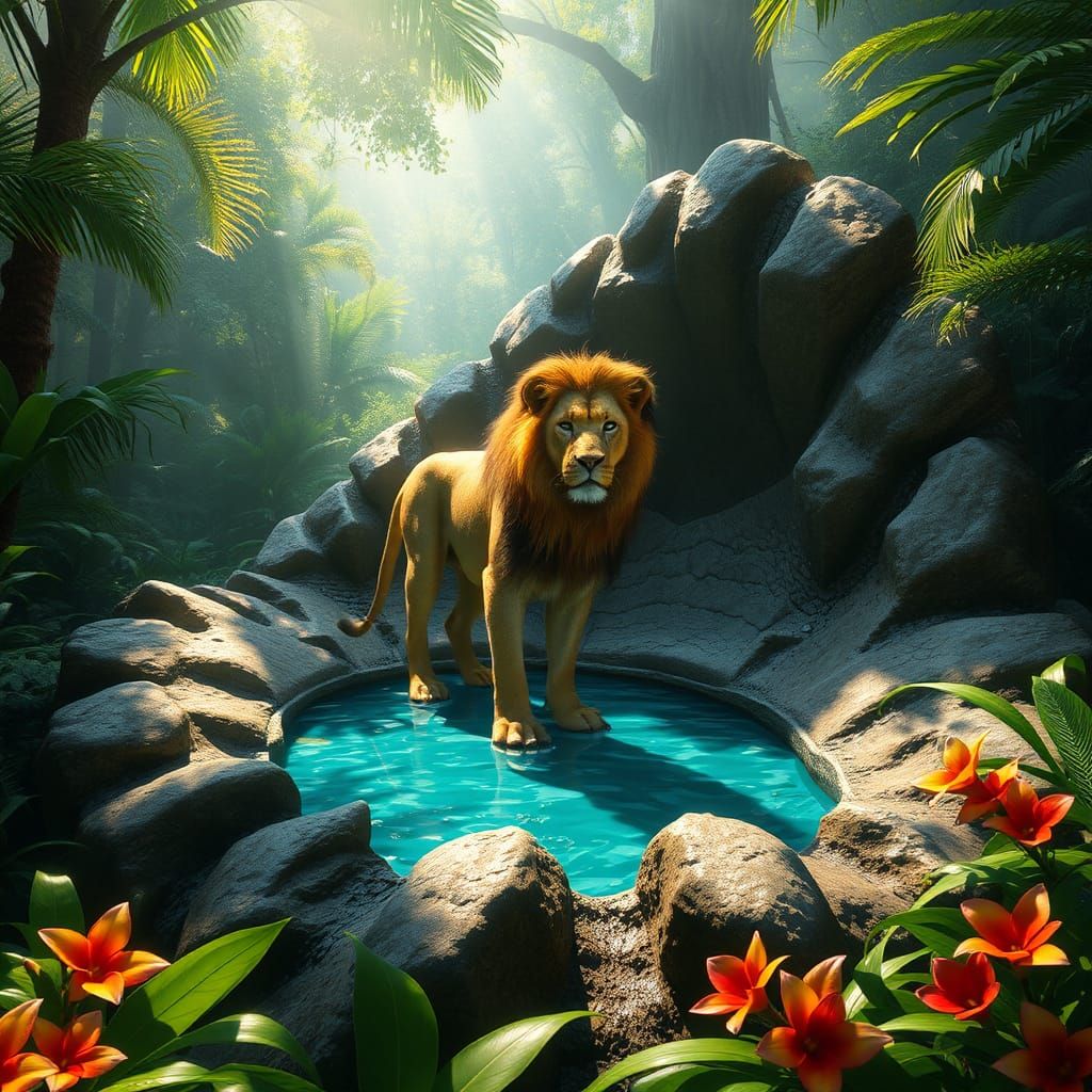 Lion in Dinosaur Footprint Oasis