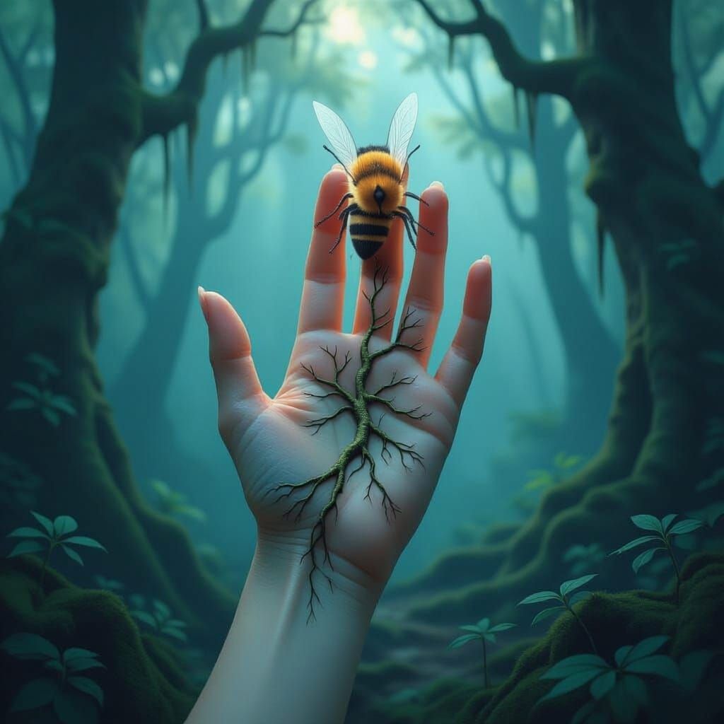 Surreal art of a delicate human hand,the palm and fingers seamlessly transitioning into a network of intertwined tree roots.The roots are vi...