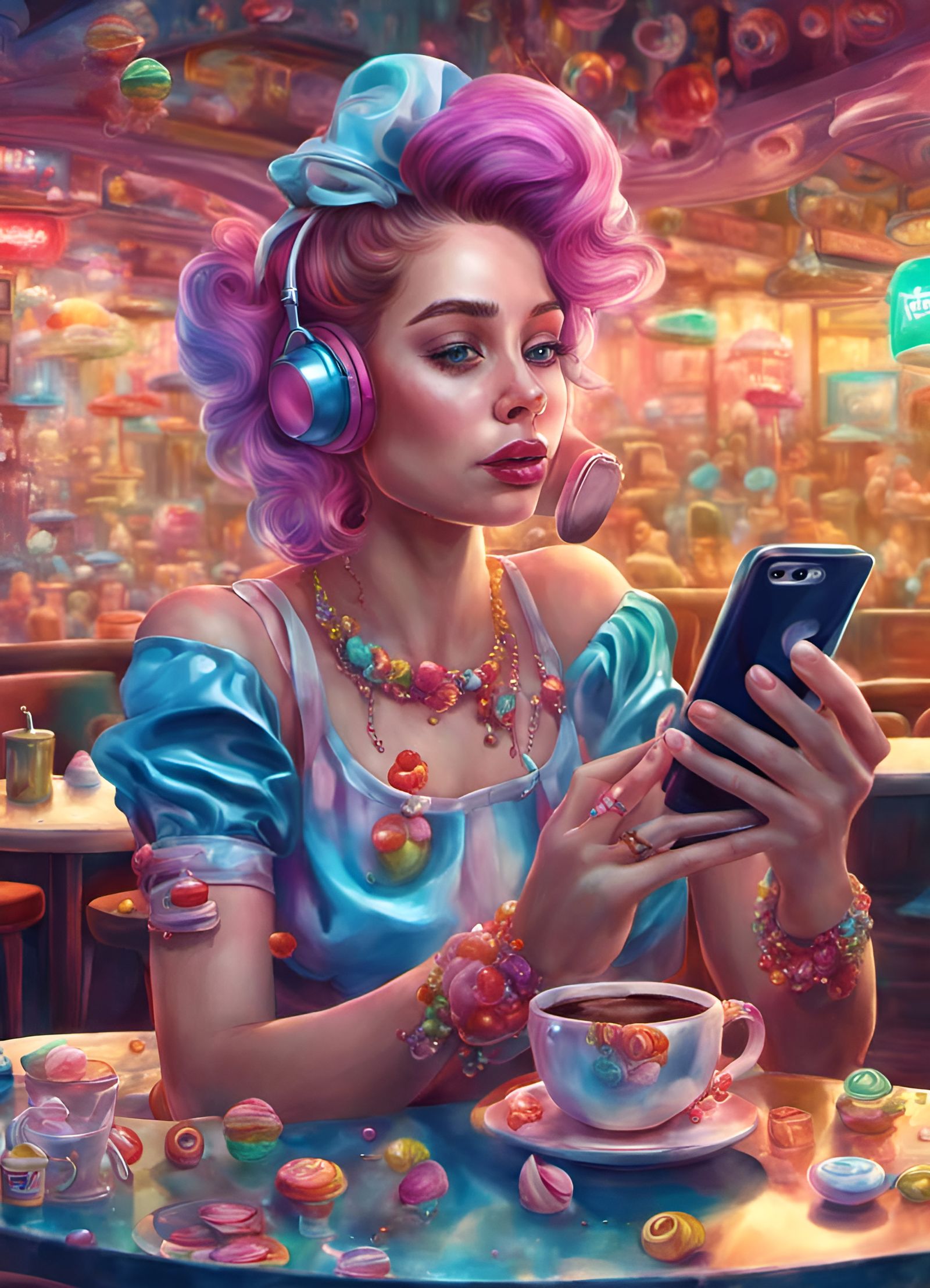 Lady On Smartphone At Cafe Drinking Coffee Whimsical Playful Colorful Candy 🍬🍭 Candyland Art