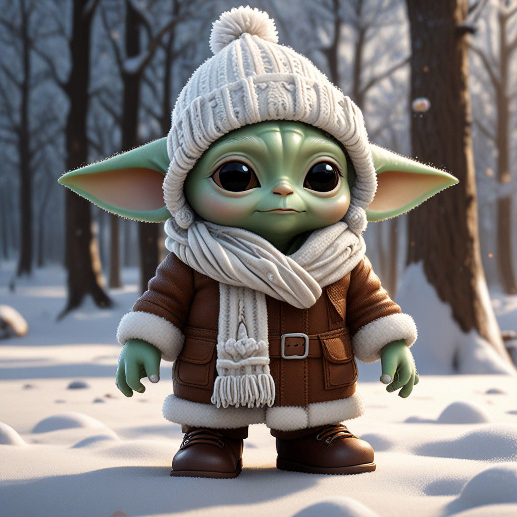 Warm Winter Baby Yoda Scene in Photorealistic Style