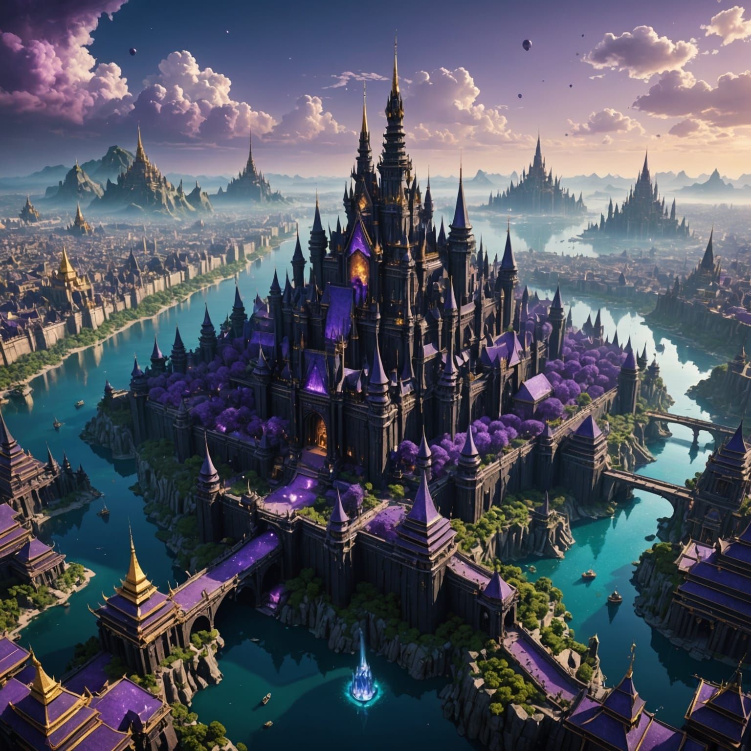 "An intricate and dazzling cinematic cityscape, rendered in a hyper-realistic fantasy style, where every structure is meticulously crafted f...