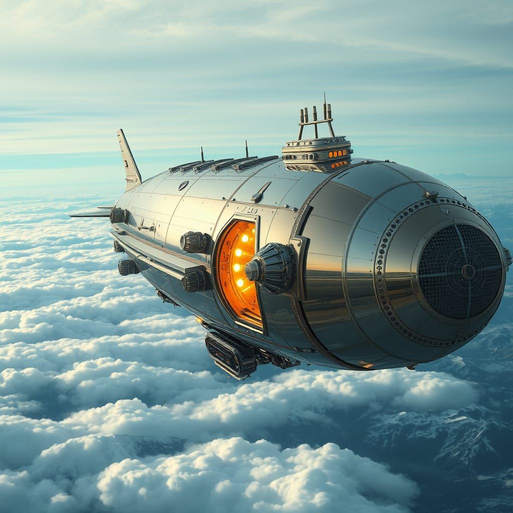 Sleek Copper Airship Soars Through Futuristic Mountainscape