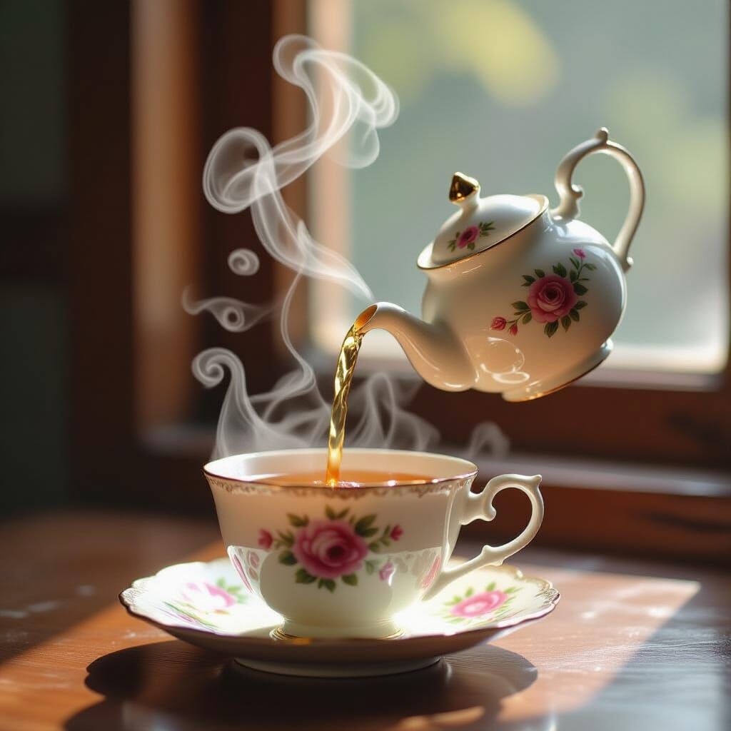 Magical Teapot Pours Itself in Cozy, Painterly Scene