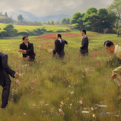 Yakuza gangsters picking flowers in the meadow