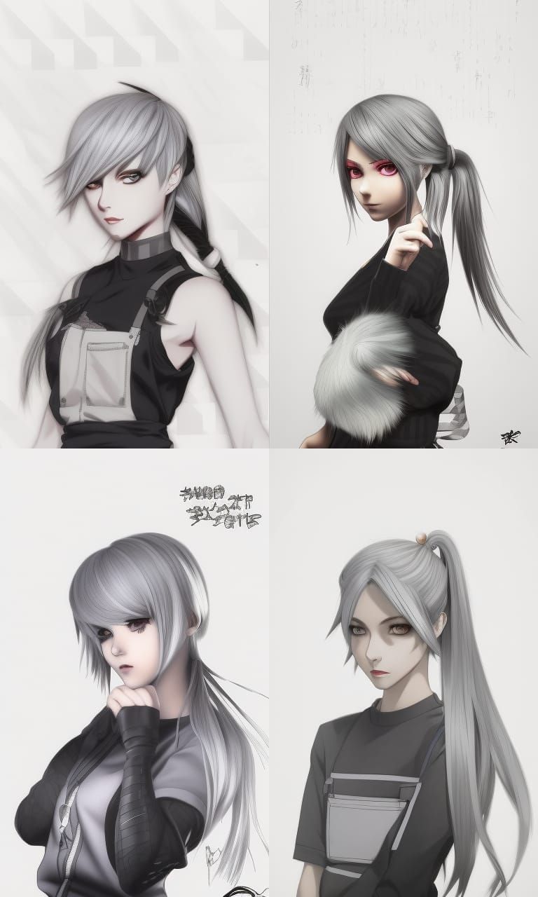 Attractive woman with silver hair in a ponytail, silver eyes...