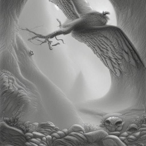 Highly detailed drawing of an owl seen from the front formin...