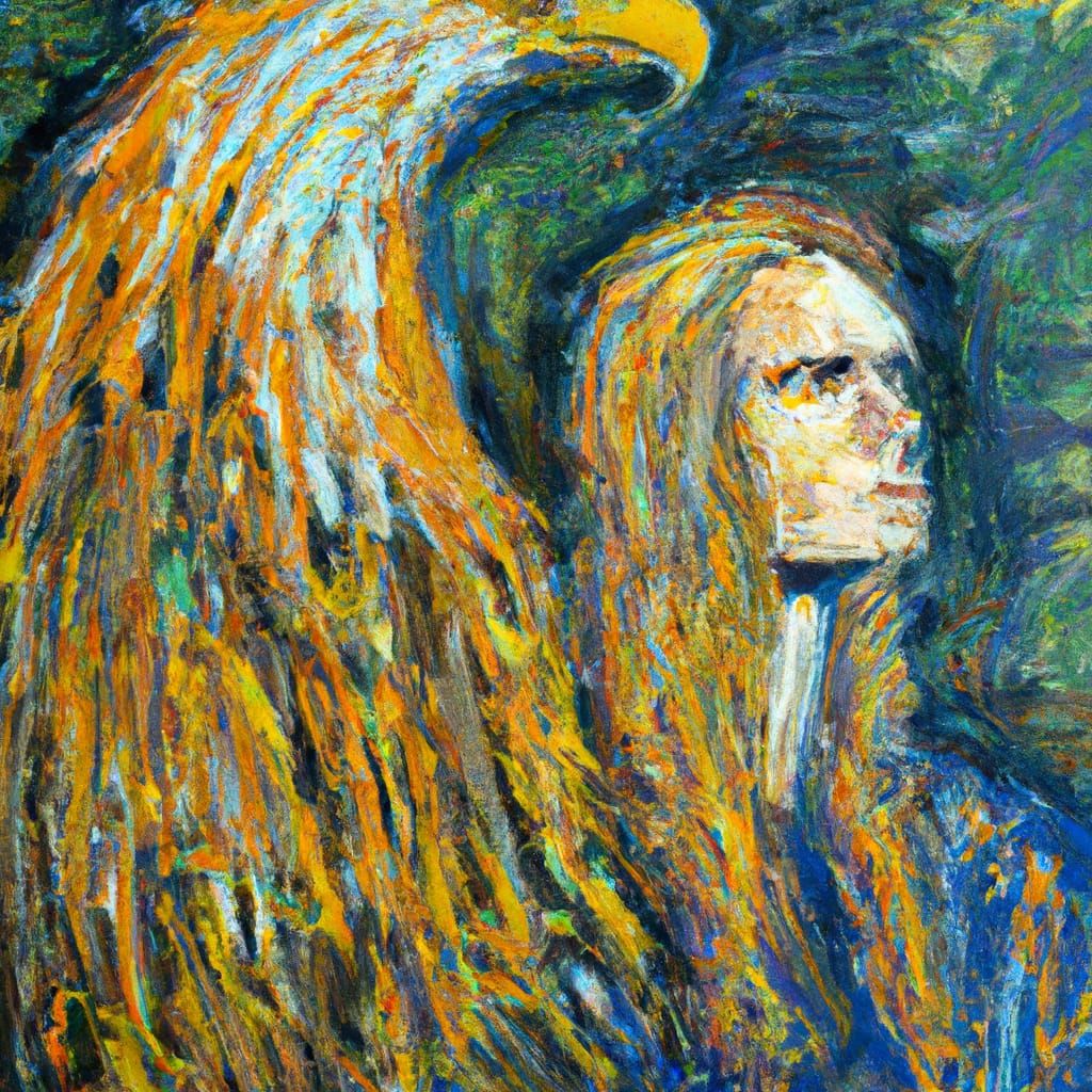 Golden Haired Man with Eagle Mantle, Impasto Oil Painting