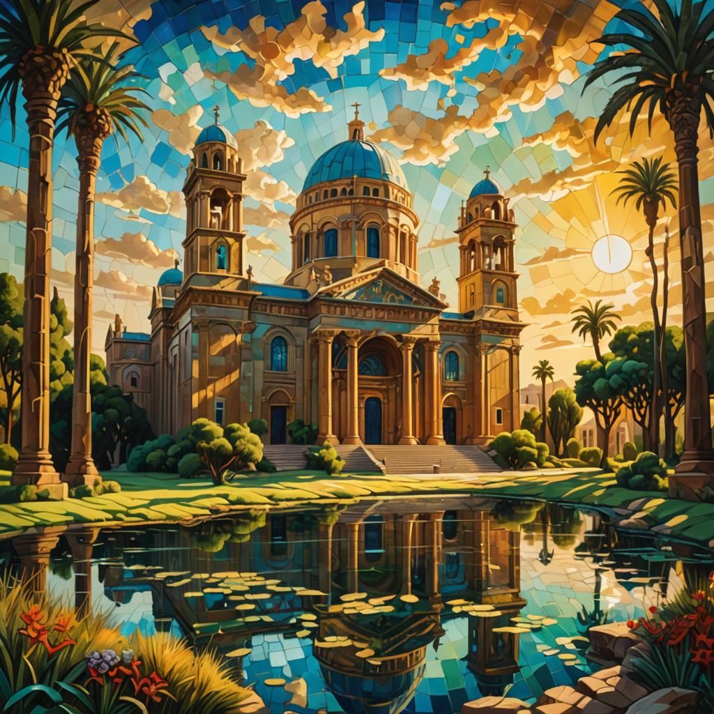 city of gold. deserts of Africa. oasis. greek architecture. lake side