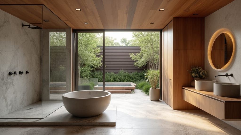 Organic Modern Bathroom – A serene fusion of stone, wood, and flow, where every curve leads to calm.