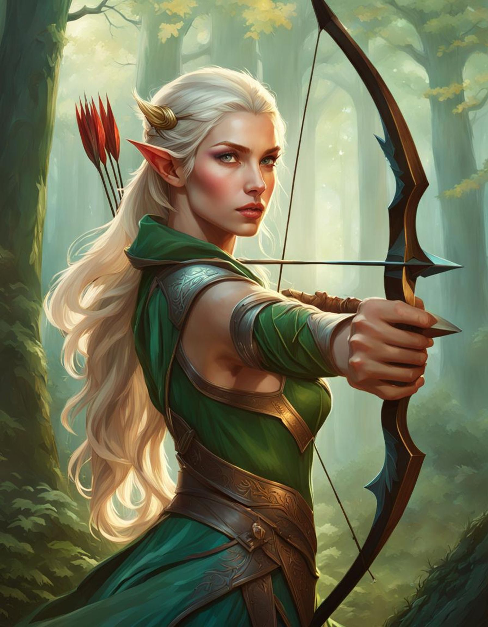 Beautiful elf notching an arrow; Fantastical woodland background; head ...