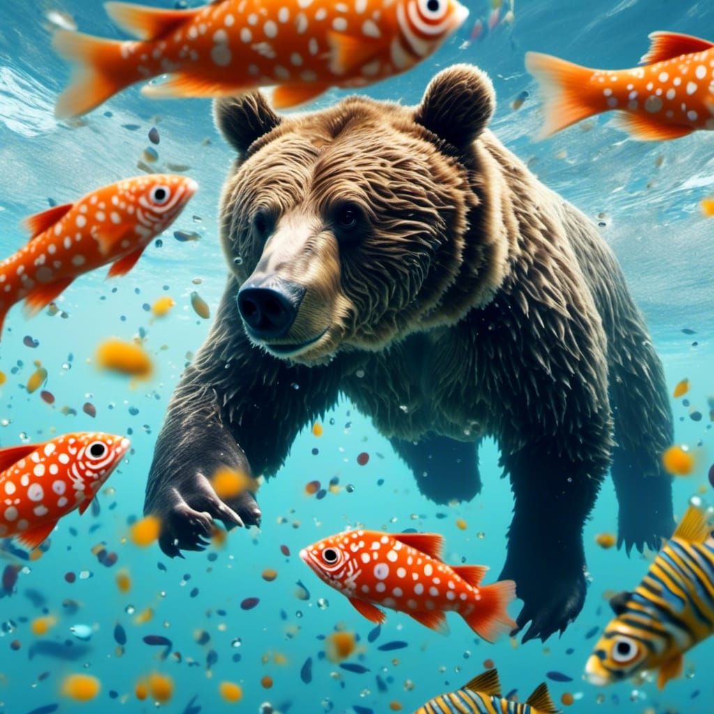 Close-up obese baby Bear diving in clear water, colorful fish and coral, splashes and water bubbles; blinding light filtering through the wa...