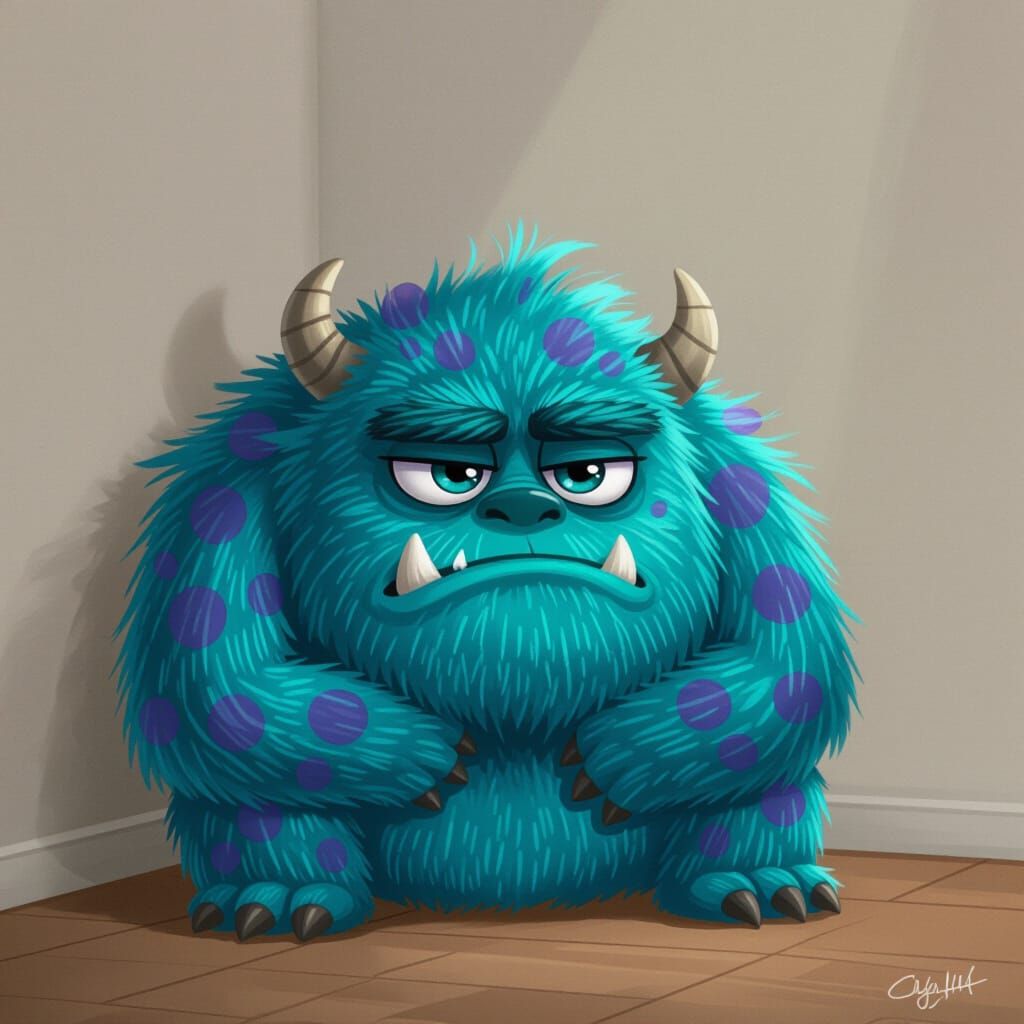 Grumpy Hairy Monster Sulking in the Corner