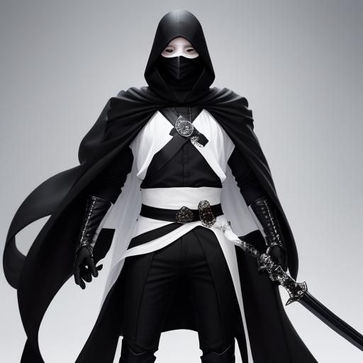 Male, black cloak, white shirt, black pants, black boots, wh...