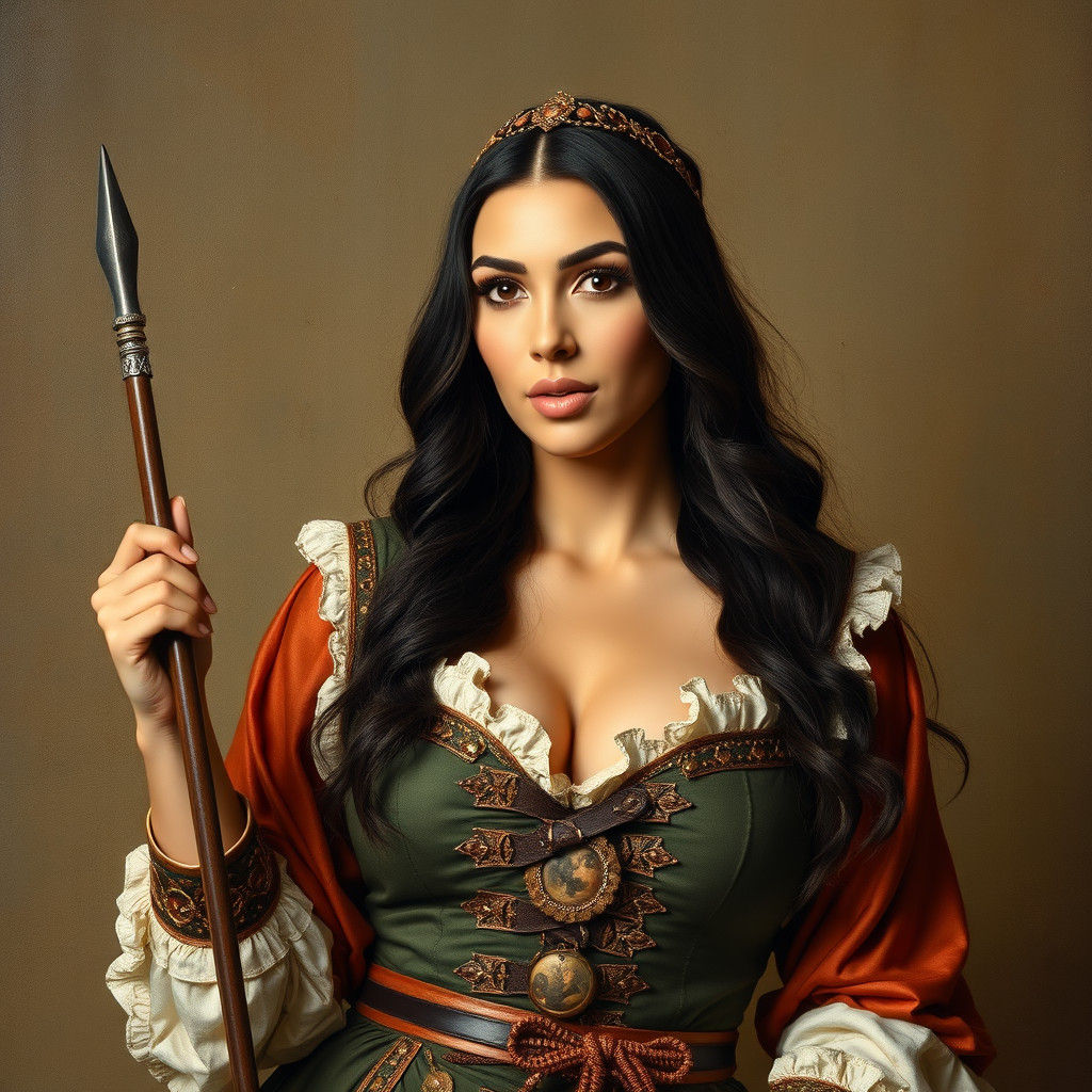 Kim Kardashian in mediaval costume in medieval era posing fo...