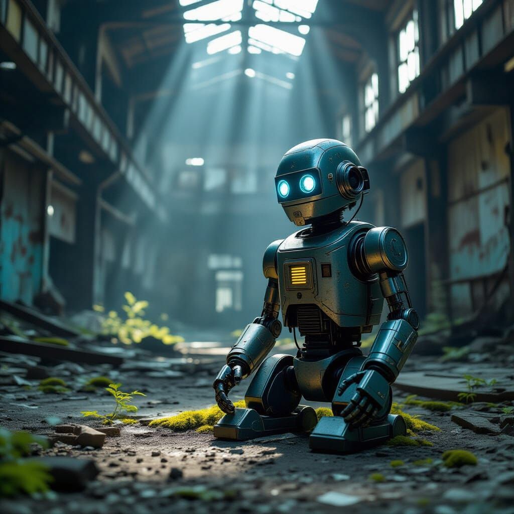 A lone, weathered droid sits amidst the ruins of an abandoned factory, shafts of dusty sunlight piercing the decaying industrial structure. ...