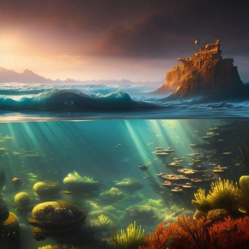 Hyperdetailed portrait of a landscape  under the water with ...