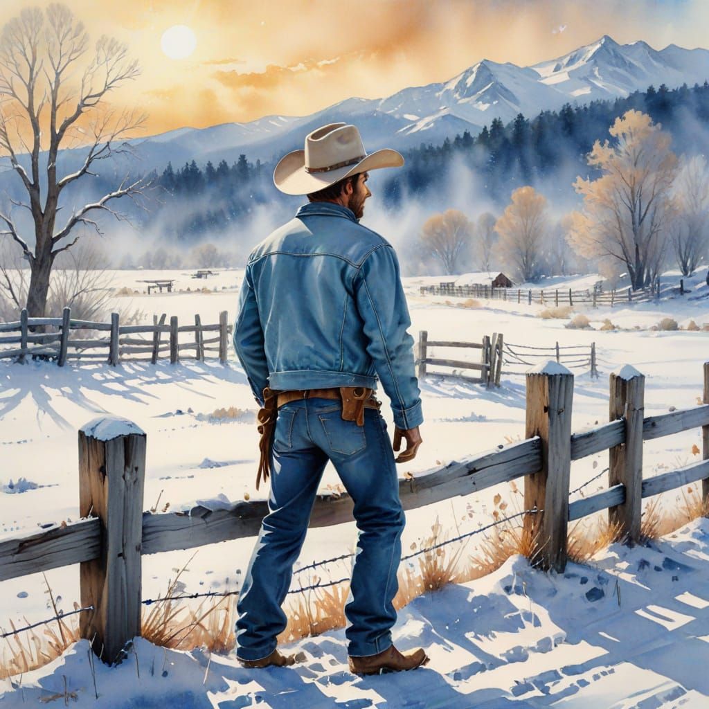 A cowboy fixing fence in the snow, modern watercolor ethereal impressionistic surreal   by @Tilted25