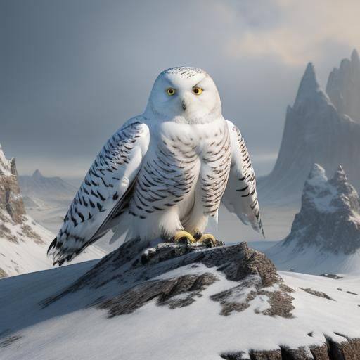 snowy owl, snowy landscape, snowy skies