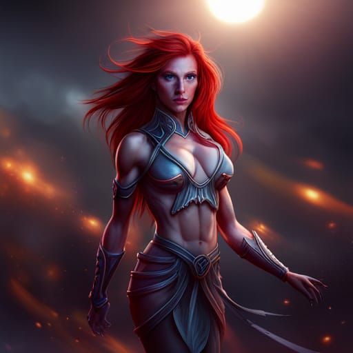 Tall lean Muscular pink eyed redheaded drow dancer girl