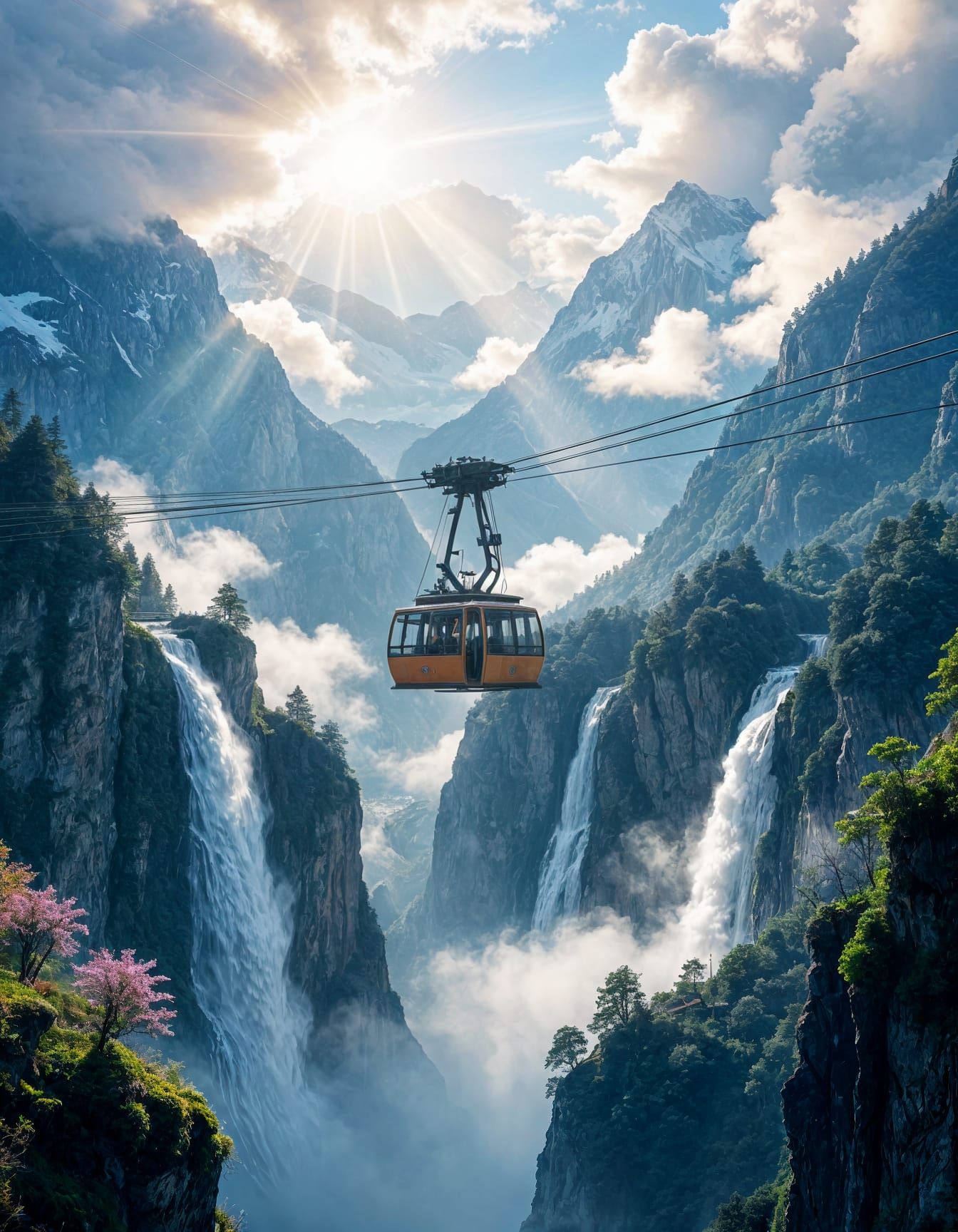 A dreamy cable car floats above the waterfall-covered cliffs of the Alps. Sunlight filters through the clouds, illuminating dust particles d...
