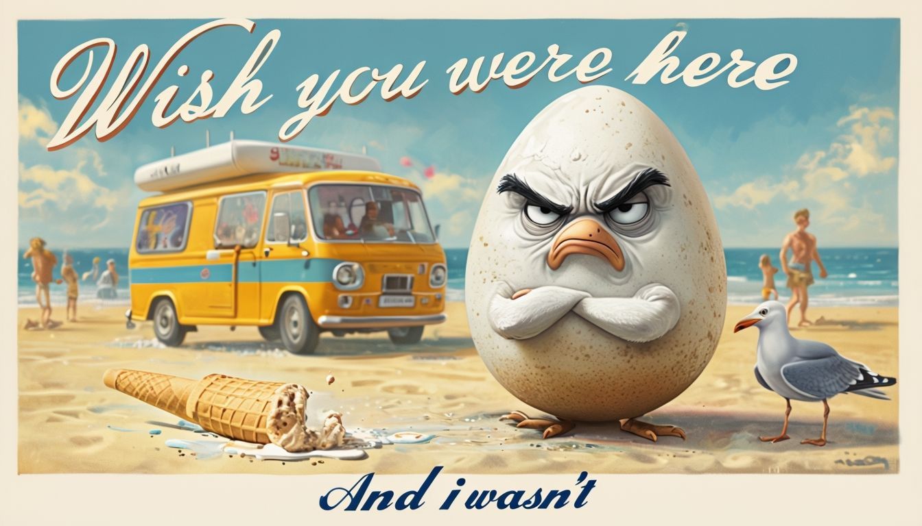Angry egg holiday postcard (Angry Eggs <14> ON VACATION) run...
