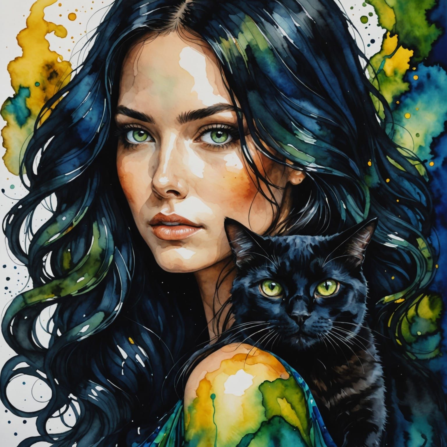 Alcohol ink portrait of a woman and her black cat .  by @Terra