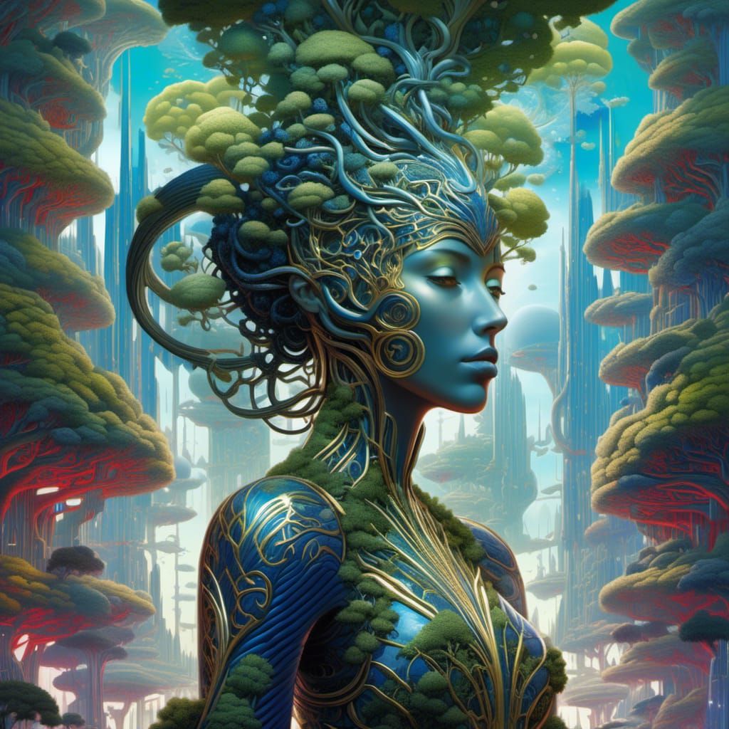 detailed fantasy cover art, neon-colored female hydra with fractal skin ...