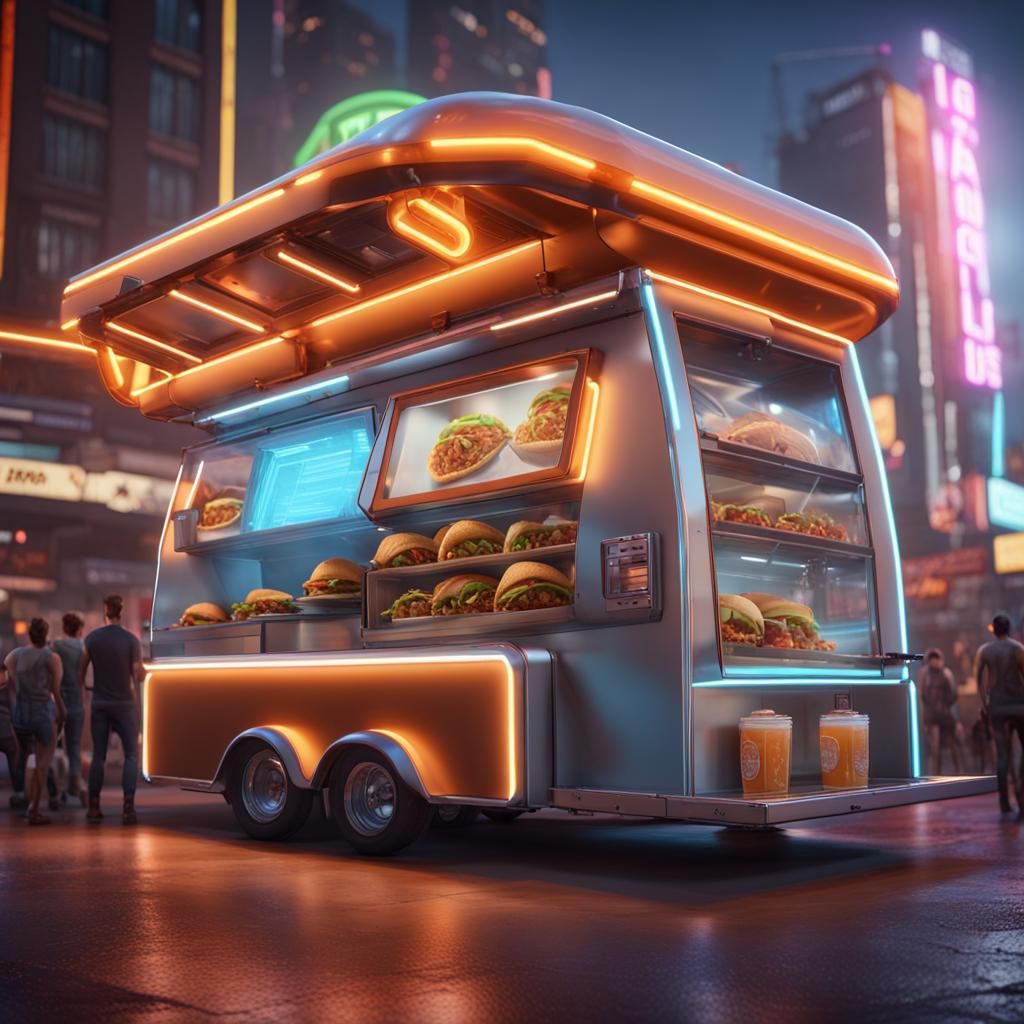 floating futuristic taco truck, people in line to buy, menu with ...