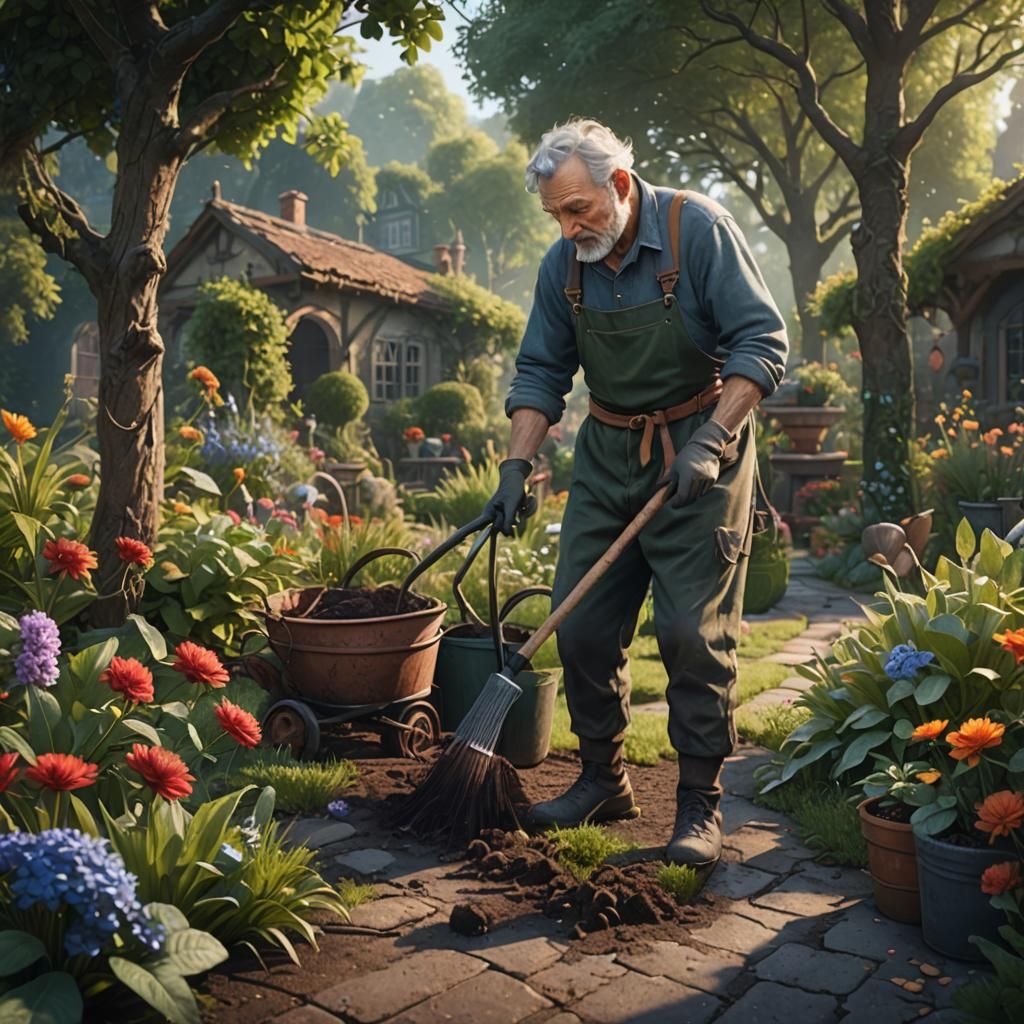 an old gardener cleaning the garden in the morning detailed matte painting, deep color, fantastical, ...  by @bekarno89183
