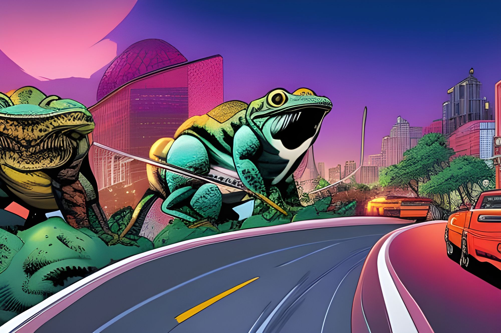 Giant Frogs Hop Across A Chaotic Freeway By Jim Cheung And Moebius And ...