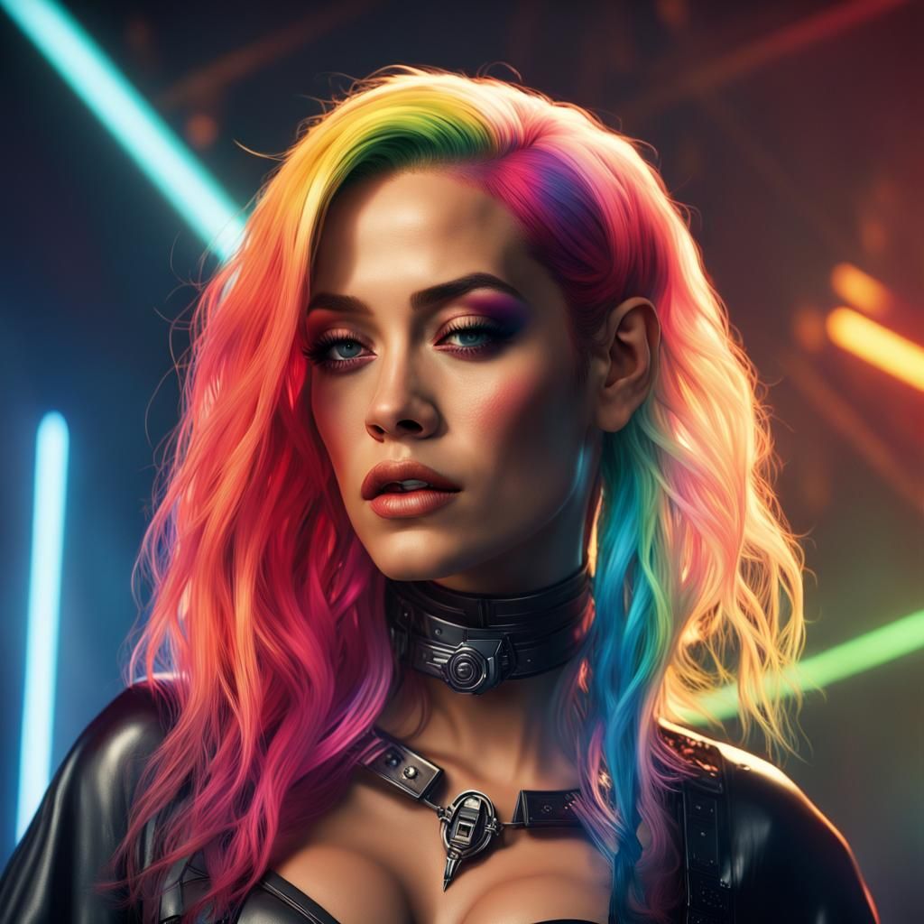 Rita Ora with long vibrant rainbow hair, wearing a shiny sci fi latex ...