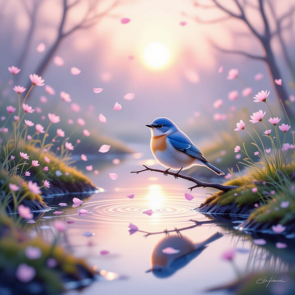 A gentle and poetic scene bathed in soft pastel light: a small bluebird with hints of rose and gold in its feathers rests on a branch above ...