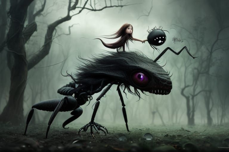 Girl toddler riding giant ant