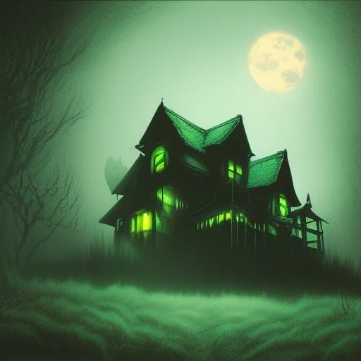 Scary haunted house under the full moon;

green and teal ; 
...