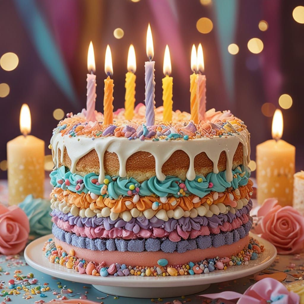 Whimsical Birthday Cake in Vibrant Digital Art