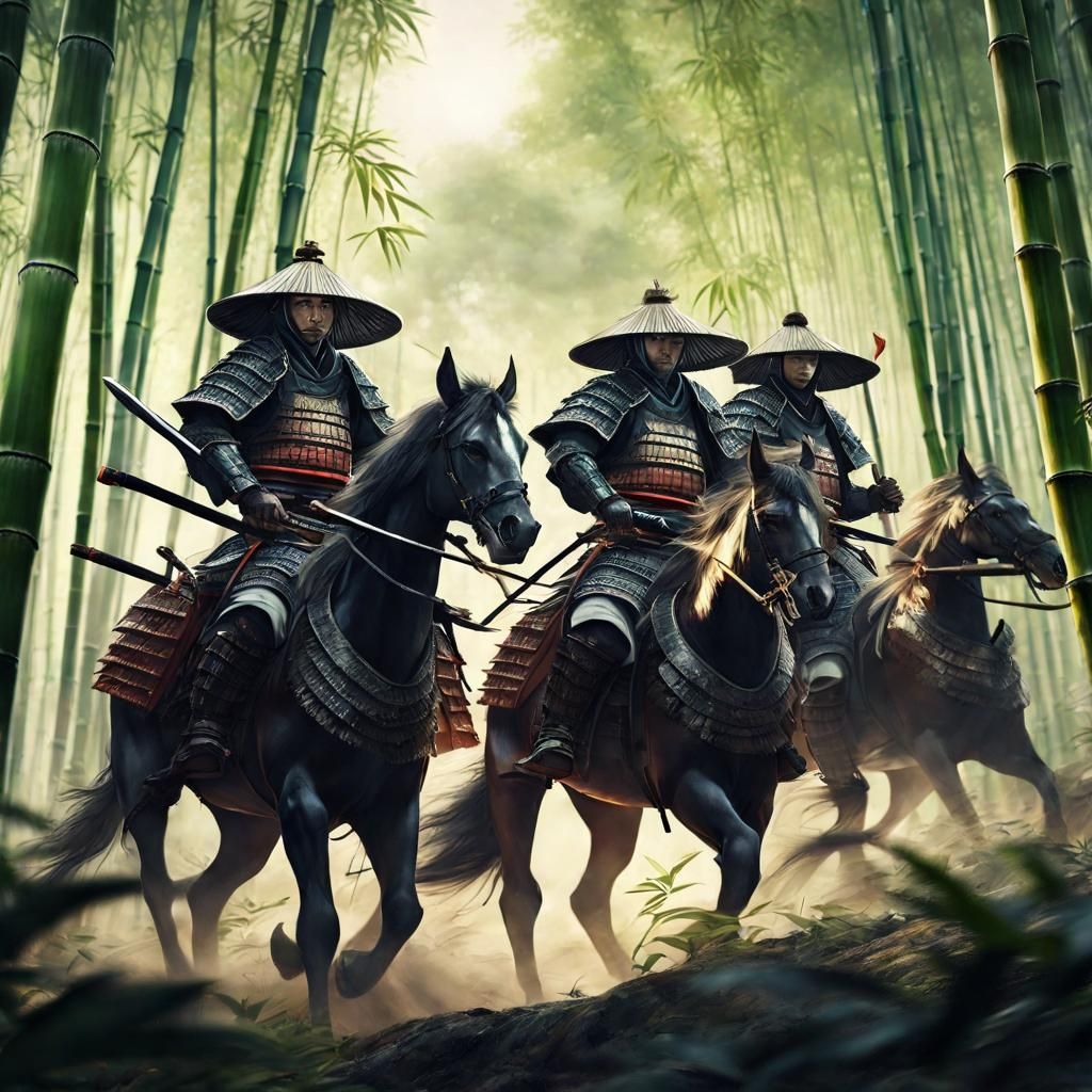 three Samurai holding katana on horse in armor and helmet a ...