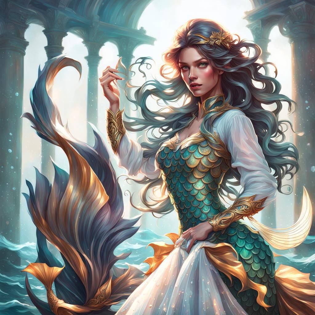 Full body mermaid with long wavy hair